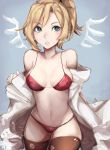  1girl absurdres alternate_wings blonde_hair blue_eyes bra breasts brown_legwear cleavage collarbone commentary cowboy_shot detached_wings eyebrows_visible_through_hair grey_background hair_tie high_ponytail highres jackii labcoat long_sleeves looking_at_viewer medium_breasts mercy_(overwatch) navel overwatch panties parted_lips red_bra red_panties removing_coat short_hair simple_background sketch solo thigh-highs torn_clothes torn_thighhighs underwear wings 