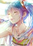  1girl blue_hair bottle closed_eyes collarbone drinking ek_masato eyebrows_visible_through_hair hatsune_miku highres jewelry long_hair necklace solo sweat twintails vocaloid water wet 