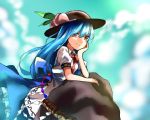 1girl arm_support blue_hair breasts collared_shirt commentary food food_on_head fruit fruit_on_head hat head_rest hinanawi_tenshi keystone long_hair long_skirt looking_at_viewer medium_breasts object_on_head peach red_eyes sash shirt skirt sky smile solo touhou very_long_hair wind yururi_nano