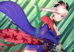  1girl bamboo bamboo_forest blue_eyes breasts collarbone detached_sleeves earrings fate/grand_order fate_(series) forest hair_ornament japanese_clothes jewelry katana kimono large_breasts leaf_print looking_at_viewer miyamoto_musashi_(fate/grand_order) nature pink_hair ponytail sash smile solo sword weapon yuu-kun_(linke_hand) 