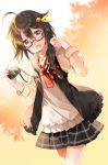  1girl :d ahoge bespectacled black_hair blue_eyes braid brown_hair camera dutch_angle glasses hair_flaps hair_ornament hair_over_shoulder hair_ribbon kantai_collection long_hair long_sleeves looking_at_viewer open_mouth red-framed_eyewear red_ribbon remodel_(kantai_collection) ribbon semi-rimless_glasses shigure_(kantai_collection) shiosoda single_braid skirt smile solo under-rim_glasses 