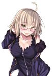  1girl :p absurdres artist_name bare_shoulders blonde_hair blush breasts cleavage dress fate/grand_order fate_(series) glasses green_dress hand_in_hair highres jacket jeanne_alter large_breasts off_shoulder red-framed_eyewear ruler_(fate/apocrypha) semi-rimless_glasses short_hair solo star star-shaped_pupils symbol-shaped_pupils tongue tongue_out under-rim_glasses zeroyama zipper_pull_tab 