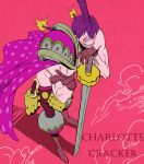  1boy absurdres boots cape character_name charlotte_cracker gloves hair_bun highres male_focus one_piece pink_background purple_hair scar shirtless simple_background solo sword teeth weapon 