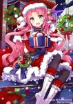 1girl 2017 :d artist_name bangs black_legwear blurry blurry_background blurry_foreground blush boots box christmas christmas_wreath commentary_request depth_of_field eyebrows_visible_through_hair fur-trimmed_capelet fur-trimmed_hat fur-trimmed_skirt gift gift_box green_eyes hair_bobbles hair_ornament hat head_tilt high_heel_boots high_heels holding holding_gift knee_boots long_hair looking_at_viewer mittens night night_sky nyanya official_art one_side_up open_mouth original outdoors pantyhose parted_bangs pink_hair red_capelet red_hat red_mittens red_skirt santa_hat shirt sitting skirt sky sleeveless sleeveless_shirt smile solo sparkle star_(sky) starry_sky very_long_hair wavy_hair white_footwear white_shirt 
