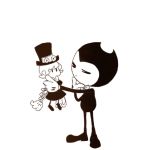  1boy bendy_(character) bendy_and_the_ink_machine bow bowtie character_doll full_body hat male_focus monster pac-man_eyes peacock_(skullgirls) simple_background skullgirls solid_oval_eyes top_hat trait_connection white_background 
