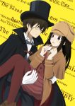  1boy 1girl black_cape black_hair black_hat black_pants blush bow bowtie brown_hat brown_shirt brown_skirt cape capelet carrying chitanda_eru dutch_angle eye_contact formal gloves green_eyes grey_bow grey_bowtie hat hyouka kimi_ni_matsuwaru_mystery long_hair looking_at_another monocle open_mouth oreki_houtarou pant_suit pants pantyhose pleated_skirt princess_carry red_legwear shirt skirt standing suit violet_eyes white_gloves white_shirt yellow_background zoom_(artist) 