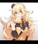  1girl bangs blonde_hair blush closed_mouth crossed_bangs eating eyebrows_visible_through_hair food girls_frontline green_eyes hair_flaps hairband hat highres holding holding_food letterboxed long_hair looking_at_viewer mini_hat pizza s.a.t.8_(girls_frontline) small_gyaku_(cyjalway) upper_body very_long_hair 