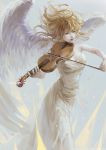  1girl angel_wings blonde_hair breasts cleavage closed_eyes dress feathered_wings floating_hair holding holding_instrument instrument long_dress long_hair medium_breasts miyazono_kawori music oreki_genya playing_instrument shigatsu_wa_kimi_no_uso sleeveless sleeveless_dress solo standing strapless strapless_dress violin white_dress white_wings wings 