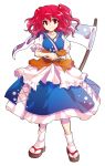  1girl alphes_(style) closed_mouth dairi full_body hair_bobbles hair_ornament highres onozuka_komachi parody puffy_short_sleeves puffy_sleeves red_eyes redhead scythe short_sleeves simple_background smile solo standing style_parody touhou transparent_background twintails 