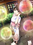  1girl :d bag brown_hair dated floral_print from_above full_body grey_eyes handbag highres japanese_clothes kimono looking_at_viewer mizuno_akane open_mouth outdoors path road sandals smile solo standing tsuki_ga_kirei wind_chime 