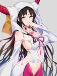  1girl bangs bare_shoulders black_hair breasts commentary detached_sleeves dress facial_mark fate/grand_order fate_(series) forehead_mark grey_background grin hand_to_own_mouth horns ica large_breasts long_hair long_sleeves looking_at_viewer navel parted_lips revealing_clothes sesshouin_kiara simple_background smile solo tattoo veil very_long_hair white_dress yellow_eyes 