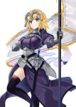  1girl armor armored_dress blonde_hair blue_eyes braid capelet cowboy_shot dress fate/apocrypha fate_(series) faulds flag gauntlets headpiece highres long_hair looking_at_viewer rin_falcon ruler_(fate/apocrypha) simple_background solo standard_bearer sword thigh-highs weapon white_background 