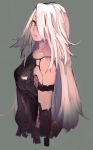  1girl android armpits bare_shoulders blue_eyes breasts closed_mouth collarbone cropped_torso ea_kon expressionless eyelashes facing_away green_background hair_over_one_eye head_tilt long_hair looking_at_viewer mole mole_under_mouth nier_(series) nier_automata robot_joints shaft_look simple_background small_breasts solo standing straight_hair tsurime very_long_hair white_hair yorha_type_a_no._2 