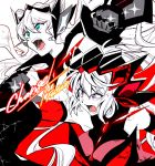  10s 2girls :d bare_shoulders breasts clenched_hand ignite_module large_breasts maria_cadenzavna_eve multiple_girls open_mouth riarashu senki_zesshou_symphogear smile spot_color violet_eyes yukine_chris 