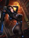  1girl absurdres arms_up ass black_bodysuit black_eyes black_hair blurry bodysuit breasts cowboy_shot depth_of_field energy_gun explosion gantz gantz_suit gun highres holding holding_gun holding_weapon huge_filesize large_breasts liang_xing long_hair looking_at_viewer parted_lips patreon_reward shimohira_reika solo weapon 