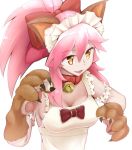  1girl animal_ears bell bell_collar breasts cleavage collar fate/extra fate/extra_ccc fate/grand_order fate_(series) fox_ears hair_ribbon kinpun_(fgxdw447) long_hair looking_at_viewer medium_breasts open_mouth paws pink_hair ponytail ribbon simple_background smile solo tamamo_(fate)_(all) tamamo_cat_(fate) traditional_media upper_body watercolor_(medium) white_background yellow_eyes 
