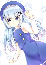  1girl :o bangs beret blue_eyes blue_hair blue_hat blue_skirt blue_vest blush commentary_request covered_navel eyebrows_visible_through_hair gochuumon_wa_usagi_desu_ka? hair_between_eyes hair_ornament hat highres kafuu_chino kafuu_chino&#039;s_school_uniform long_hair long_sleeves looking_at_viewer shirt sisochair skirt skirt_set solo tareme vest white_background white_shirt x_hair_ornament 