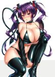  1girl bare_shoulders bikini black_bikini black_legwear blush boots breasts cleavage demon_girl demon_horns demon_tail hair_ribbon high_heel_boots high_heels highres horns huge_breasts keita_(tundereyuina) leather leather_boots long_hair looking_at_viewer navel off_shoulder open_mouth original purple_hair red_eyes ribbon simple_background sleeves_past_wrists solo swimsuit tail thigh-highs thigh_boots twintails white_background 