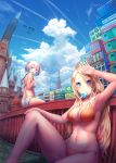 2girls absurdres armpits asamurasaki ass bikini blonde_hair blue_eyes breasts city clouds condensation_trail day fisheye hair_flaps hand_on_own_chest hand_on_own_head highres large_breasts looking_at_viewer looking_back mouth_hold multiple_girls navel open_mouth orange_bikini original outdoors pink_hair shiny shiny_skin short_hair side-tie_bikini sitting sky striped striped_bikini summer swimsuit ufo 
