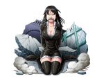  1girl arms_behind_back black_dress black_footwear black_hair blue_eyes bodskih boots breasts cleavage collarbone crying dress large_breasts long_hair looking_at_viewer nico_robin one_piece open_mouth short_dress sitting solo tears thigh-highs thigh_boots transparent_background 