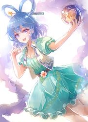  1girl 60mai bangs bare_legs belt blue_eyes blue_hair commentary_request dress duplicate dutch_angle fetus flower hair_ornament hair_rings hair_stick kaku_seiga looking_at_viewer puffy_short_sleeves puffy_sleeves shawl shiny shiny_hair short_dress short_sleeves smile solo touhou vest 