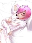 1girl breasts fate/grand_order fate_(series) gem glasses hair_over_one_eye kinpun_(fgxdw447) large_breasts lavender_hair lying on_back open_clothes open_mouth open_shirt shielder_(fate/grand_order) shirt short_hair solo violet_eyes 