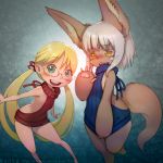  2girls animal_ears blonde_hair blush furry glasses green_eyes made_in_abyss meme_attire multiple_girls nanachi_(made_in_abyss) open_mouth riko_(made_in_abyss) tail virgin_killer_sweater whiskers white_hair yellow_eyes zhaoyebai 