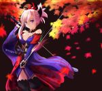  1girl autumn_leaves blue_eyes breasts detached_sleeves earrings fate/grand_order fate_(series) hair_ornament japanese_clothes jewelry katana kimono large_breasts looking_at_viewer miyamoto_musashi_(fate/grand_order) pink_hair ponytail sash solo sword thigh-highs weapon 