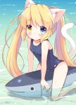  1girl animal_ears beach blonde_hair cat_ears cat_tail collarbone commentary_request fish heterochromia highres kemonomimi_mode long_hair looking_at_viewer momoniku_(taretare-13) nakatsu_shizuru parted_lips partially_submerged rewrite school_swimsuit solo swimsuit tail twintails wet wet_clothes wet_swimsuit 