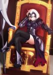  1girl ahoge artist_request banner black_legwear blonde_hair breasts fate/grand_order fate_(series) grin hand_in_hair headpiece jeanne_alter large_breasts legs_crossed looking_at_viewer ruler_(fate/apocrypha) sitting smile solo thigh-highs throne yellow_eyes 