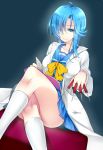  1girl blue_eyes blue_hair book hair_over_one_eye himoo_yuina kirameki_high_school_uniform komichi_nao legs_crossed long_hair mad_scientist smile solo tokimeki_memorial tokimeki_memorial_1 