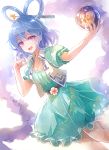  1girl 60mai bangs bare_legs belt blue_eyes blue_hair commentary_request dress dutch_angle fetus flower hair_ornament hair_rings hair_stick kaku_seiga looking_at_viewer puffy_short_sleeves puffy_sleeves shawl shiny shiny_hair short_dress short_sleeves smile solo touhou vest 