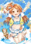 1girl :d animal arms_up bangs bikini bikini_skirt blue_bikini blue_sky blush brown_eyes brown_hair cat clouds collarbone commentary_request day drawstring eyebrows_visible_through_hair flower flower_bracelet full_body highres idolmaster idolmaster_million_live! idolmaster_million_live!_theater_days jacket long_hair looking_at_viewer one_side_up oogami_tamaki open_clothes open_jacket open_mouth outdoors parted_bangs polka_dot polka_dot_bikini puffy_short_sleeves puffy_sleeves regular_mow revision round_teeth shoes short_sleeves sky smile solo star_(symbol) swimsuit teeth upper_teeth very_long_hair white_flower white_footwear yellow_jacket 