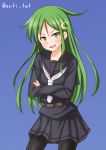  1girl anti_(untea9) black_legwear black_serafuku blue_background crescent crescent_hair_ornament crossed_arms gradient gradient_background green_eyes green_hair hair_ornament highres kantai_collection long_hair looking_at_viewer nagatsuki_(kantai_collection) necktie open_mouth pantyhose school_uniform serafuku solo twitter_username white_necktie 