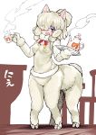  1girl absurdres alpaca_ears alpaca_suri_(kemono_friends) animal_ears blonde_hair blue_eyes centaur cup fur_collar fur_trim hair_over_one_eye highres kemono_friends long_sleeves monster_girl open_mouth shigurio short_hair simple_background smile solo steam tail teacup teapot 