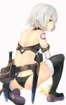  1girl :o ass assassin_of_black bandage bandaged_arm bare_shoulders belt black_bra black_gloves black_legwear black_panties bra butt_crack dagger fate/apocrypha fate_(series) from_behind full_body gloves green_eyes looking_at_viewer looking_back one_knee panties pouch profile sheath shoes short_hair silver_hair simple_background single_glove solo sumisu_(mondo) tattoo thigh-highs underwear weapon white_background 