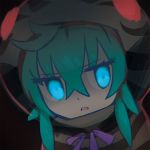  &gt;:o 1girl :o bangs black_background blue_eyes blue_hair close-up eyebrows_visible_through_hair frown glowing glowing_eyes hair_between_eyes hood hood_up hoodie kemono_friends looking_at_viewer neck_ribbon parted_lips purple_ribbon reiesu_(reis) ribbon simple_background solo striped tsuchinoko_(kemono_friends) 