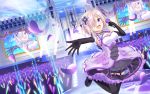  1girl :d black_legwear blush bow breasts cleavage elbow_gloves fate/grand_order fate_(series) frills garter_straps gloves glowstick hair_over_one_eye highres idol lavender_hair looking_at_viewer medium_breasts microphone music open_mouth rocky0206 shielder_(fate/grand_order) short_hair singing skirt smile solo sparkle stage violet_eyes 
