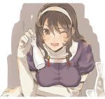  1girl ashigara_(kantai_collection) breasts brown_eyes brown_hair cosmic_(crownclowncosmic) gloves hair_between_eyes hairband holding kantai_collection long_hair long_sleeves looking_at_viewer medium_breasts one_eye_closed open_mouth remodel_(kantai_collection) smile solo translation_request upper_body white_gloves 