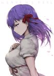  1girl breasts closed_mouth copyright_name dress expressionless face fate/stay_night fate_(series) hair_ribbon hand_on_own_chest haoni heavens_feel matou_sakura medium_breasts petals profile purple_hair ribbon short_hair short_sleeves solo white_dress wind 