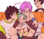 1girl 3boys black_eyes black_hair black_shirt blue_eyes blue_hair bra_(dragon_ball) brothers carrying closed_eyes couch dragon_ball dragonball_z eyebrows_visible_through_hair father_and_daughter father_and_son hand_on_another&#039;s_shoulder heart imminent_kiss looking_at_another miiko_(drops7) multiple_boys one_eye_closed open_mouth pillow purple_hair shirt short_hair siblings simple_background socks son_goten spiky_hair sweatdrop trunks_(dragon_ball) vegeta white_background white_shirt wristband 