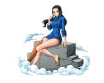  1girl black_hair blue_eyes blue_sweater bodskih closed_umbrella floating_hair long_hair looking_at_viewer nico_robin one_piece orange_umbrella sitting smile solo sweater transparent_background twintails umbrella very_long_hair 