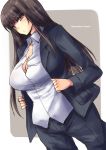  1girl black_hair black_suit breasts brown_eyes cleavage formal girls_und_panzer hime_cut large_breasts long_hair looking_at_viewer nishizumi_shiho pants shinshin solo standing suit twitter_username violet_eyes 