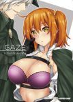  1boy 1girl :o abe_inori ahoge black_gloves blush bra breasts cleavage cloak collarbone commentary_request cover cover_page doujin_cover edmond_dantes_(fate/grand_order) eyebrows_visible_through_hair fate/grand_order fate_(series) fujimaru_ritsuka_(female) gloves hair_between_eyes hair_ornament hair_scrunchie hand_on_another&#039;s_cheek hand_on_another&#039;s_face head_out_of_frame large_breasts long_sleeves multiple_tails open_clothes open_mouth orange_hair parted_lips purple_bra rating scrunchie side_ponytail silver_hair solo_focus strapless strapless_bra tail two_tails underwear upper_body yellow_eyes 