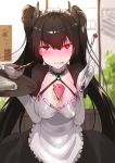  1girl alternate_costume apron bangs blush breasts cafe cowboy_shot elbow_gloves enmaided eyebrows_visible_through_hair fang_out frilled_apron frills girls_frontline gloves hands_up highres holding holding_tray indoors long_hair maid maid_headdress medium_breasts ouroboros_(granblue_fantasy) sidelocks solo teapot tears tray twintails white_gloves yueqin_(monnpiano) 