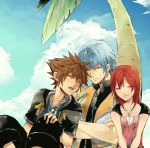  1girl blue_eyes brown_hair closed_eyes gloves jewelry kairi_(kingdom_hearts) kingdom_hearts kingdom_hearts_ii multiple_boys necklace ramochi_(auti) redhead riku short_hair silver_hair sora_(kingdom_hearts) 