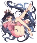  1girl anklet barefoot black_hair closed_mouth earrings fate/grand_order fate_(series) feet fur_trim hair_ornament hair_ribbon hands_together highres hood hooded_jacket ishtar_(fate/grand_order) ishtar_(swimsuit_rider)_(fate) jacket jewelry legs legs_up oro_(sumakaita) red_eyes ribbon smile soles solo toes tohsaka_rin twintails white_background 