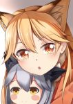  1girl :o animal_ears blush_stickers character_doll commentary extra_ears eyebrows_visible_through_hair ezo_red_fox_(kemono_friends) face fox_ears gradient gradient_background hair_between_eyes highres kemono_friends long_hair looking_at_viewer orange_eyes orange_hair portrait silver_fox_(kemono_friends) simple_background solo yasume_yukito 