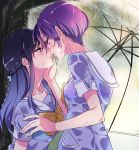  2girls blue_eyes blue_hair dokidoki!_precure hishikawa_rikka imminent_kiss kenzaki_makoto kiss long_hair multiple_girls negom precure purple_hair rain saliva saliva_trail school_uniform short_hair transparent_umbrella umbrella violet_eyes wet yuri 