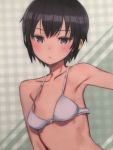  1girl absurdres bare_shoulders black_hair blush bra breasts bright_pupils closed_mouth expressionless highres kino kino_no_tabi kuroboshi_kouhaku oversized_breast_cup photo short_hair small_breasts solo underwear underwear_only upper_body violet_eyes white_bra 